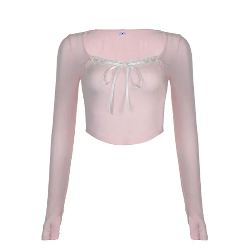 Mooyu Cute Bandage Bow Cropped Top Pink Sweet Coquette Sweet T Shirts Fall Spring Casual Square Collar Tees Women y2k Aesthetic