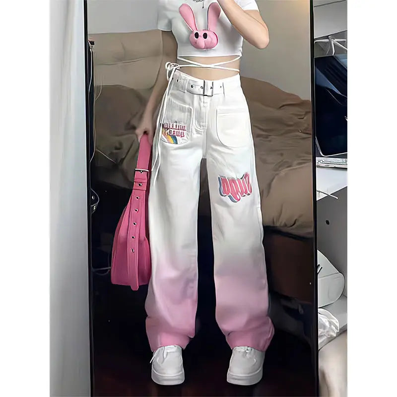 Individualized Street Hip Hop American Retro Gradient Pink Jeans Autumn High Waist Zipper Button Pocket Washed Straight Trousers