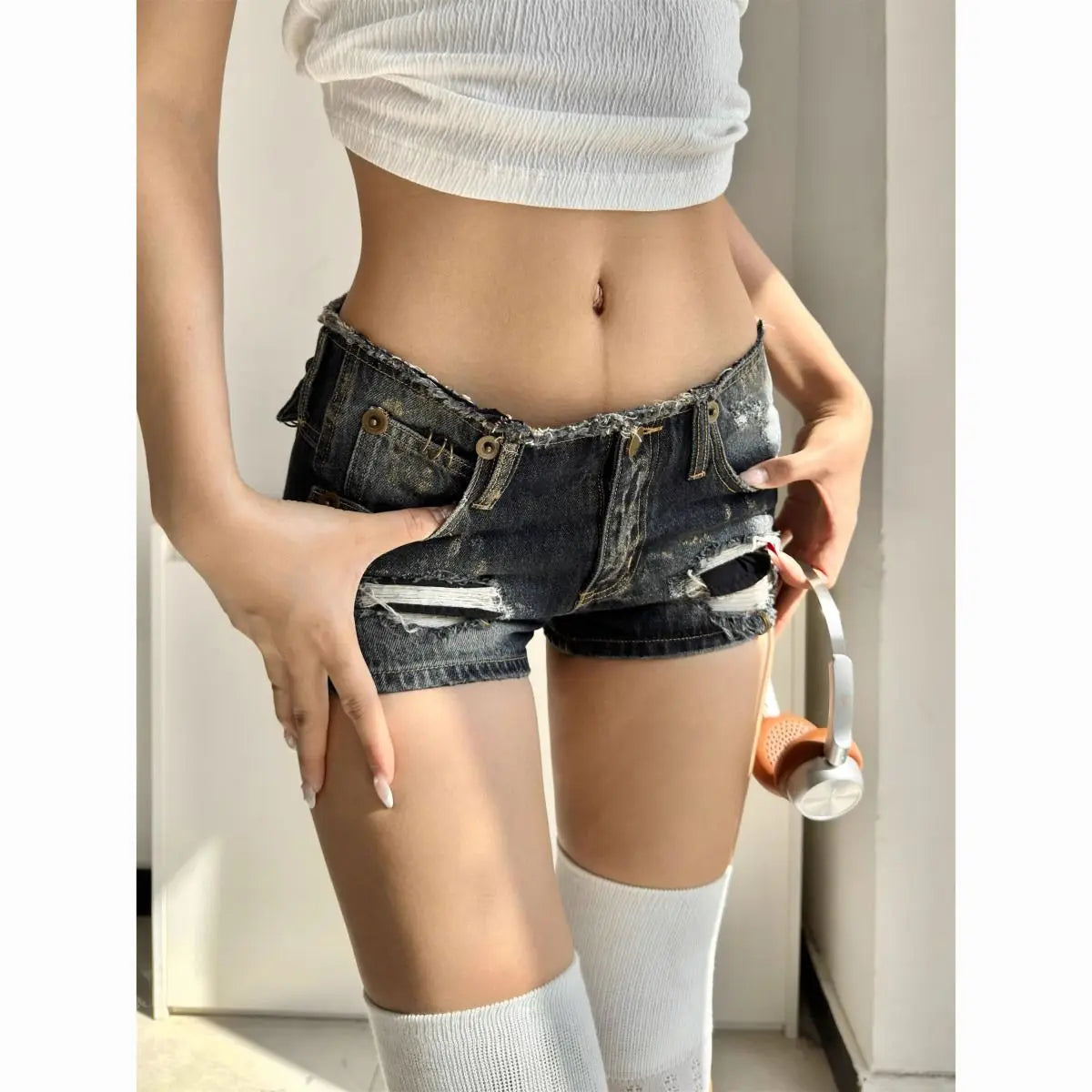 Verão Mulheres Dark Academia 2000s Kpop Japonês Gyaru Buraco Jean Shorts Rasgado Denim Hot Pants Y2k Streetwear Harajuku E-girl Sexy