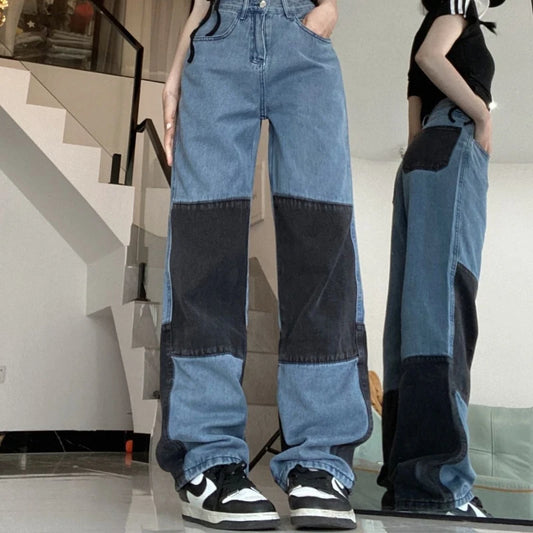 Retro Hot Girl Stitching Street Hip-hop Contrasting Color Stacked Jeans for Women High-waisted Straight Trousers Wide-leg Pants