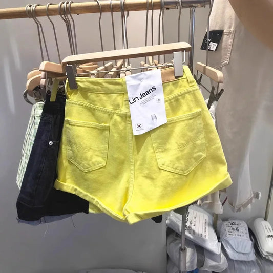 2024 Summer New Style Women's High-Waisted Wide-Leg Slimming Hot Pants Trendy Lemon Yellow Citrine Cotton Shorts