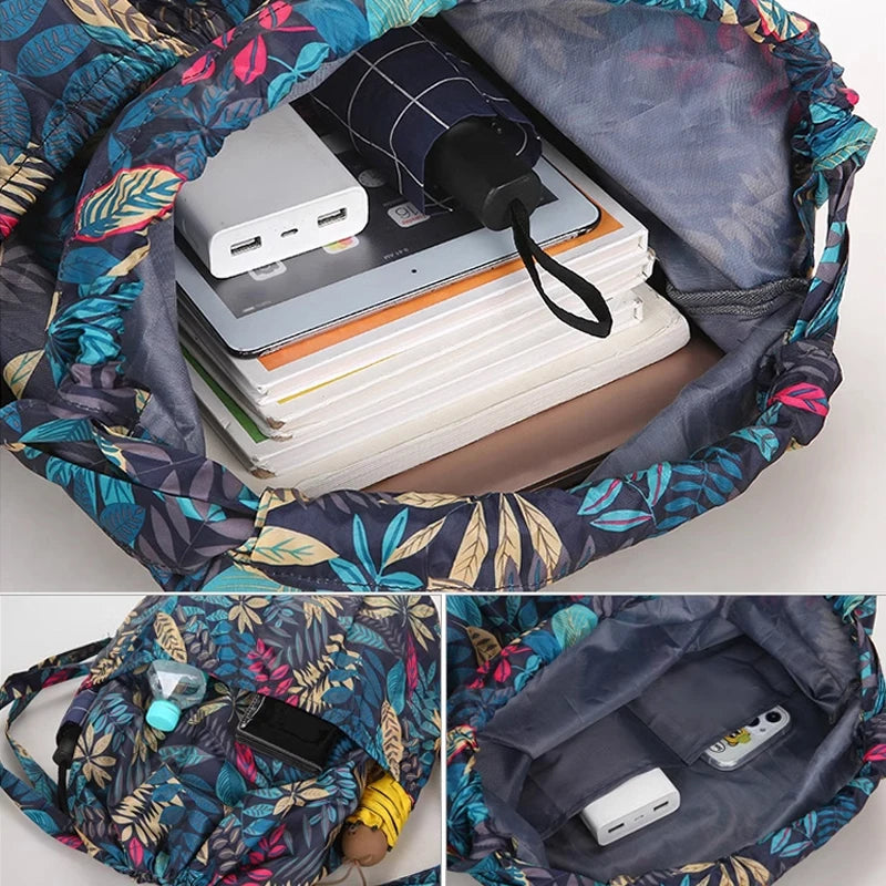 Mochila feminina com cordão, leve, de nylon, à prova d'água, grande capacidade, com cordão, bolsa de viagem, fitness, esportiva