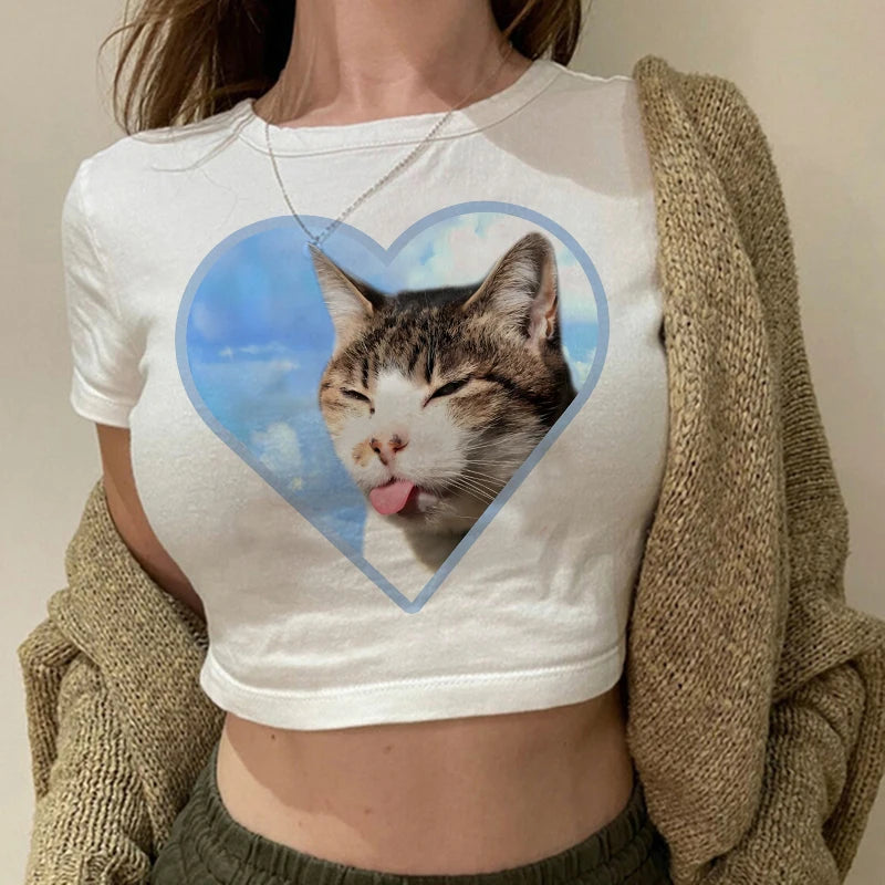 Women 2000s Sweet Funny Cat T Shirt Crop Top Women Shirt Cropped Ulzzang T-shirt 90s Tshirt Top Tee Female Gothic Shirt