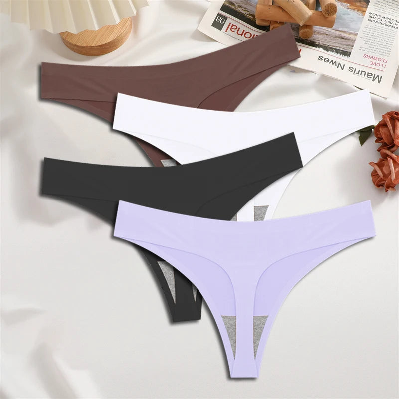 FINETOO 4PCS Seda Cetim Sem Costura Cueca Cintura Baixa Tangas Sexy Cor Sólida Biquíni Cuecas Femininas Elásticas Lingerie Íntima