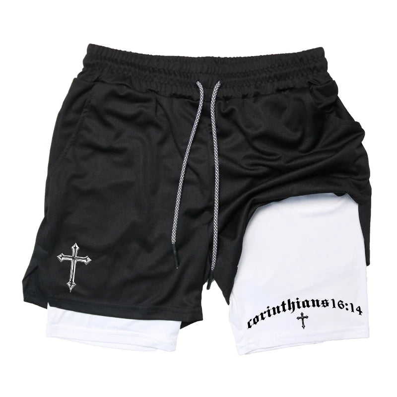 Cross Bible Graphic 2 in 1 Athletic Shorts for Men Christian Gym Workout Running Shorts with Phone Pocket Towel Loop Active Wear