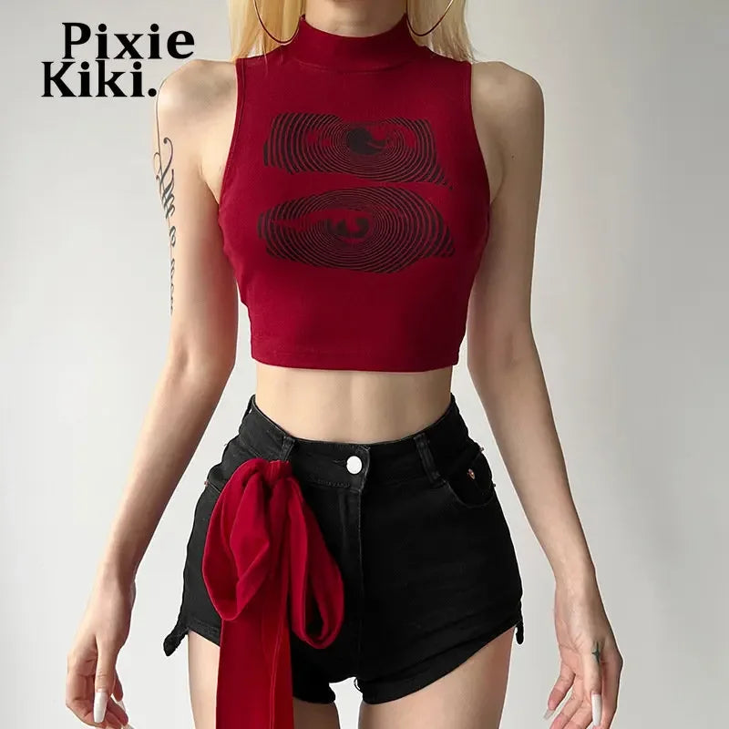 PixieKiki Red Graphic Crop Tops Y2k 2000s Fashion Tank Tops for Women 2023 Summer Sleeveless Tee Shirts P71-AG12