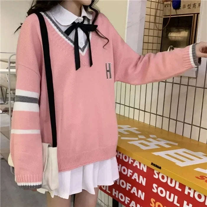 Japanese School Uniform Preppy Style Sweater Women 2022 Autumn New Korean Fashion Loose Simple V-neck Casual School Sweater