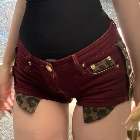 Sexy Low-waisted Bodycon Shorts Y2k E-Girl Leopard Print Patchwork Jeans  2024 Summer New All-match Hot Short Pants