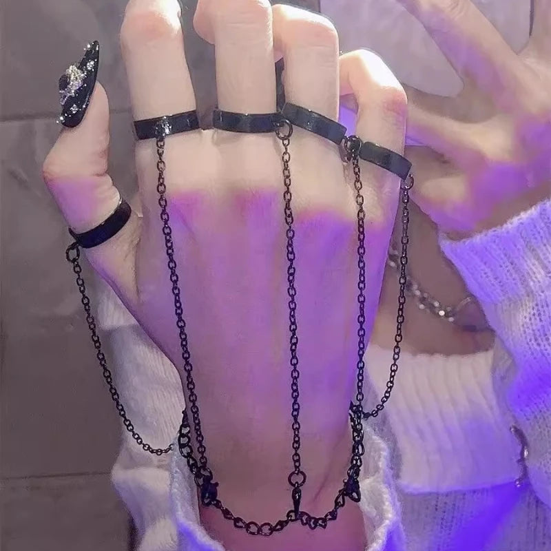 Metal Cool Cyberpunk Geométrico Premium Sinta Corrente Anéis de Pulso Pulseira Charmosa Hip Hop Corrente Conjunto de Anéis Abertos Jóias da Moda