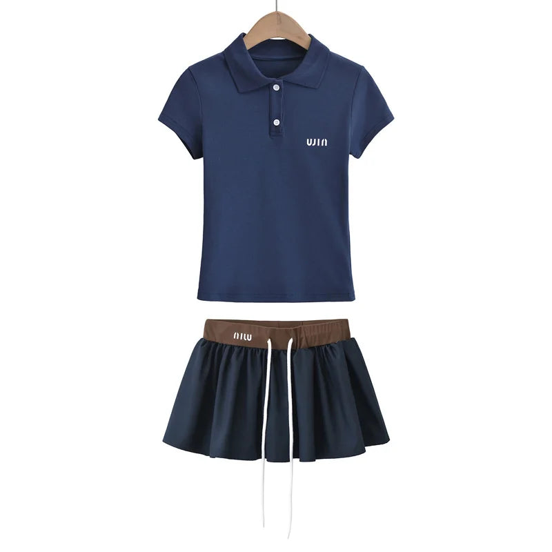 Women's Short Sleeve Polo T-shirt, Contrast Waist Mini Skirt with Underpants Co-ord