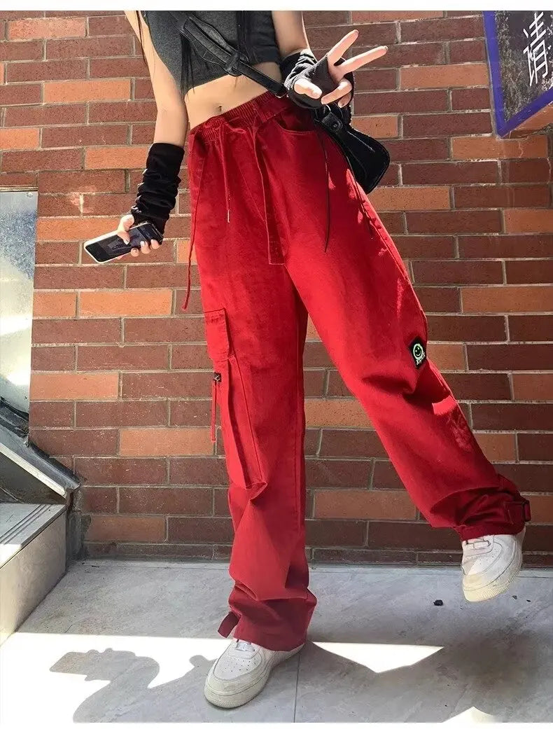 Casual Red Color Women Y2k Street Hip Hop Sweatpants Oversized Trousers Vibe Dance Jazz Long Baggy Cargo Pants Women's Clothing