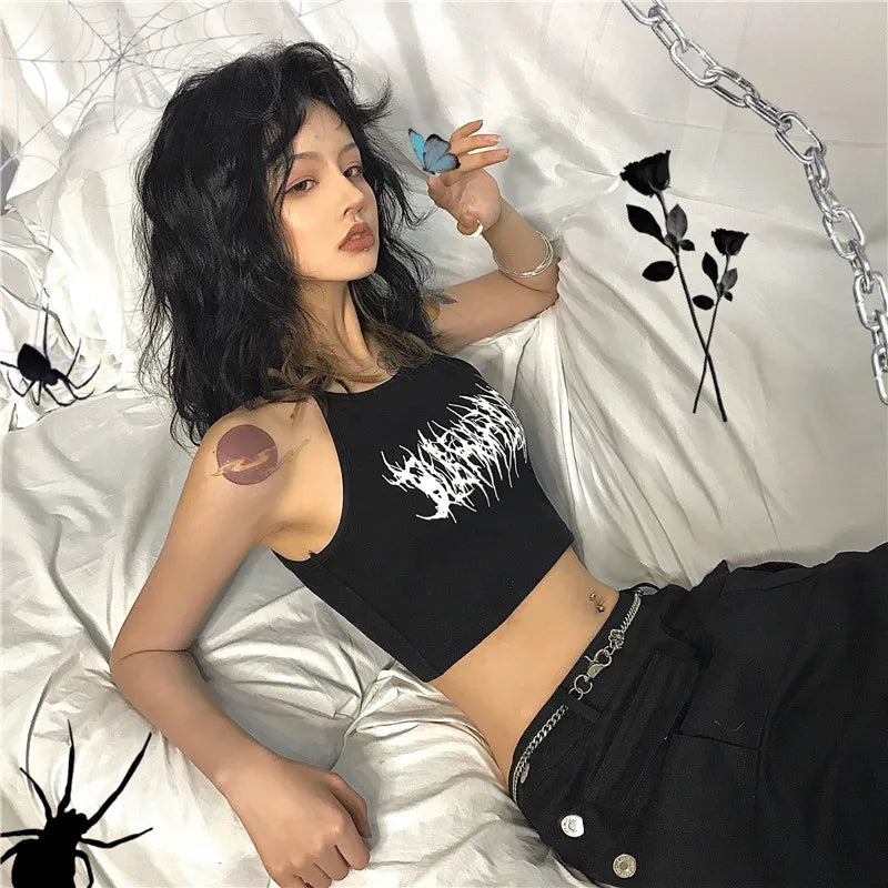 Y2k Goth Punk mulheres Halter gótico egirl Patchwork Sling top curto Sexy Cut Out Casual camiseta vestido gráfico preto roupas kpop