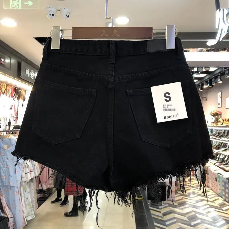 Shorts jeans coreanos de cintura alta com borda crua, femininos, verão 2024, básico, com bolso de botão, para todos os tipos de streetwear, shorts jeans