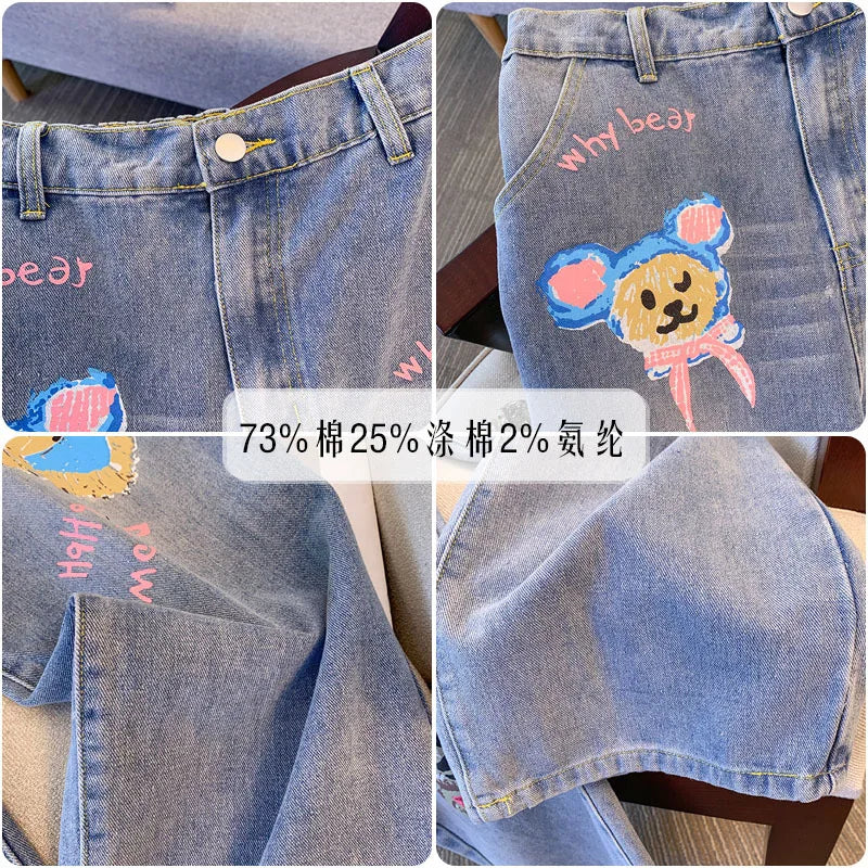 150Kg Plus Size Women's Hip 138 Spring Summer Jeans With Puppy Print Loose Elastic Straight Leg Pants Blue 5XL 6XL 7XL 8XL 9XL