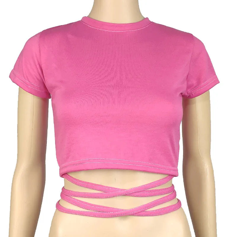 13 cores mulheres rendas até cropped camisetas verão senhora o-pescoço manga curta fino bandagem tee tops gxjck-2180