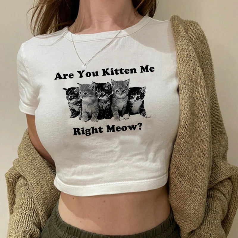 Women 2000s Sweet Funny Cat T Shirt Crop Top Women Shirt Cropped Ulzzang T-shirt 90s Tshirt Top Tee Female Gothic Shirt