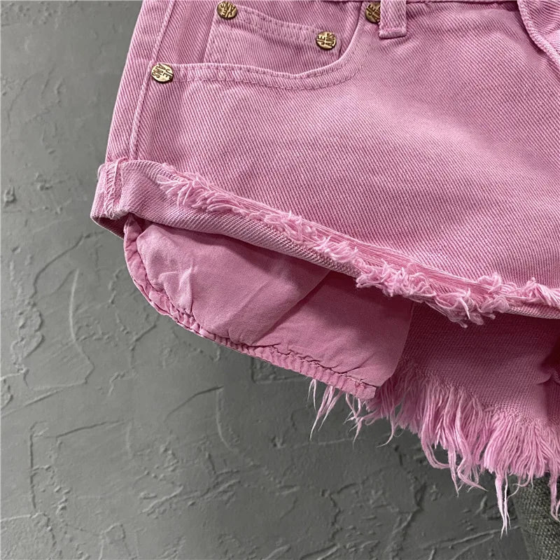 New Women Pink Low Waist Hole Ripped Personalized Low Waisted Denim Shorts Jeans Wide Leg Hot Pants