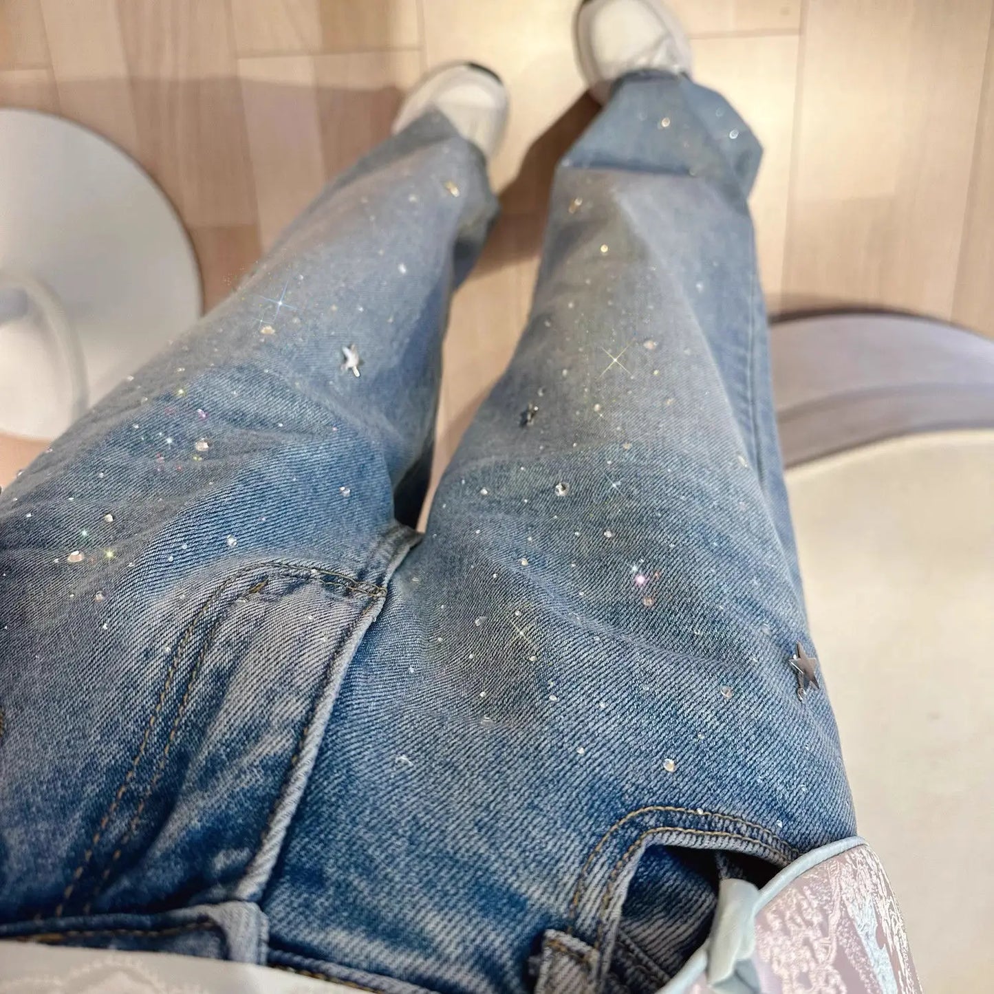 2024 Spring New Narrow Straight Jeans Women's Slimming Fashionable All-Match Rhinestone women jeans  pants