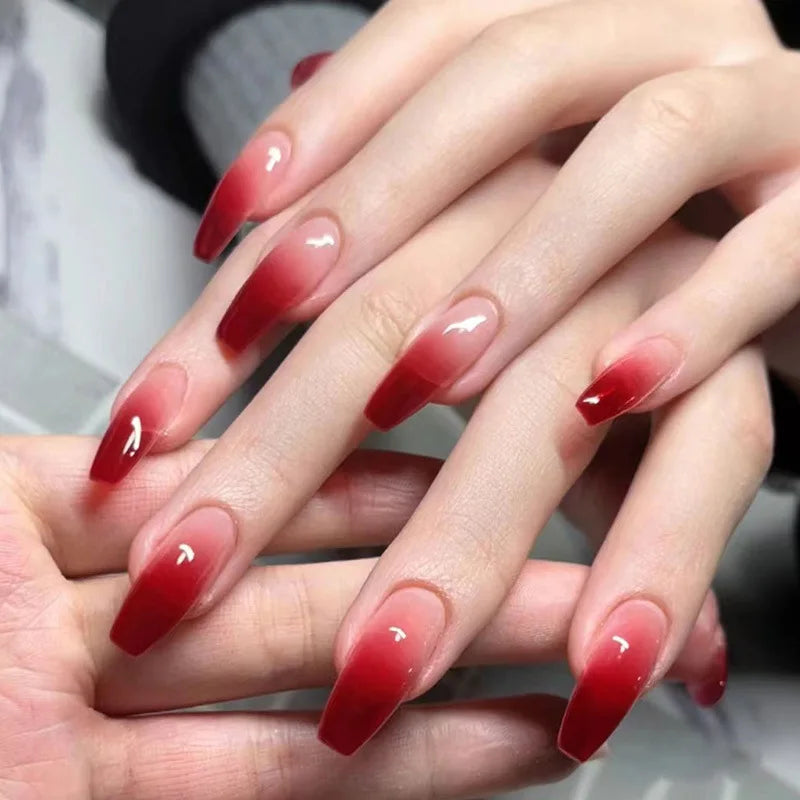 Red Black Gradient Press on Nails Medium Length Coffin Fake Nails with Sticky Tabs Ballerina False Nails Tips for Women 24Pcs