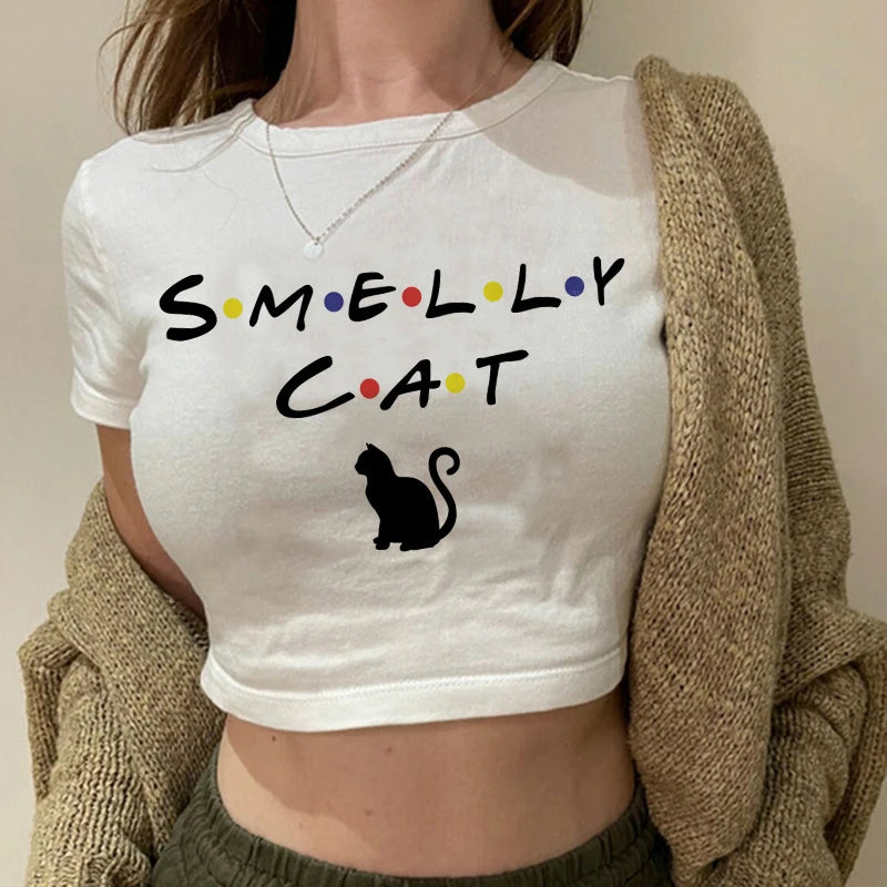 Women 2000s Sweet Funny Cat T Shirt Crop Top Women Shirt Cropped Ulzzang T-shirt 90s Tshirt Top Tee Female Gothic Shirt