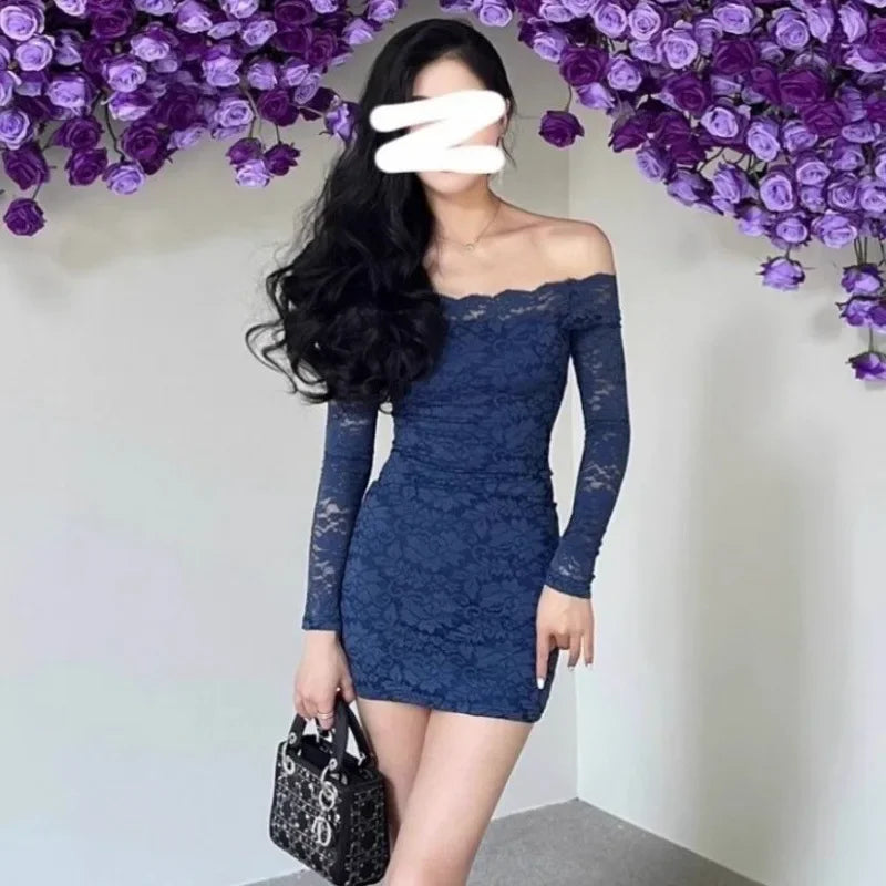 Pure Desire Aesthetic Off-shoulder Mini Dress For Women Spring Waist-fitted Spicy Girl A- line Hip Covering Long Sleeve Dress