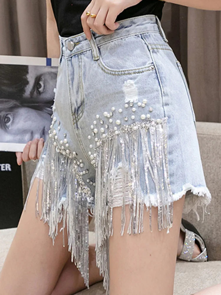 Waist Beads Tassel Women's Denim Shorts Summer Beading Wide Leg Thin Oversized Jeans S-5xl Size Korean Streetwear Women Clothes