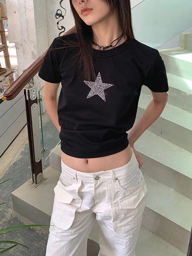 Estética Estrelas Strass Verão Harajuku T Shirt Top E-girl Gráfico Grunge Preto Crop Top Baby tee Gótico Y2K Streetwear EMO