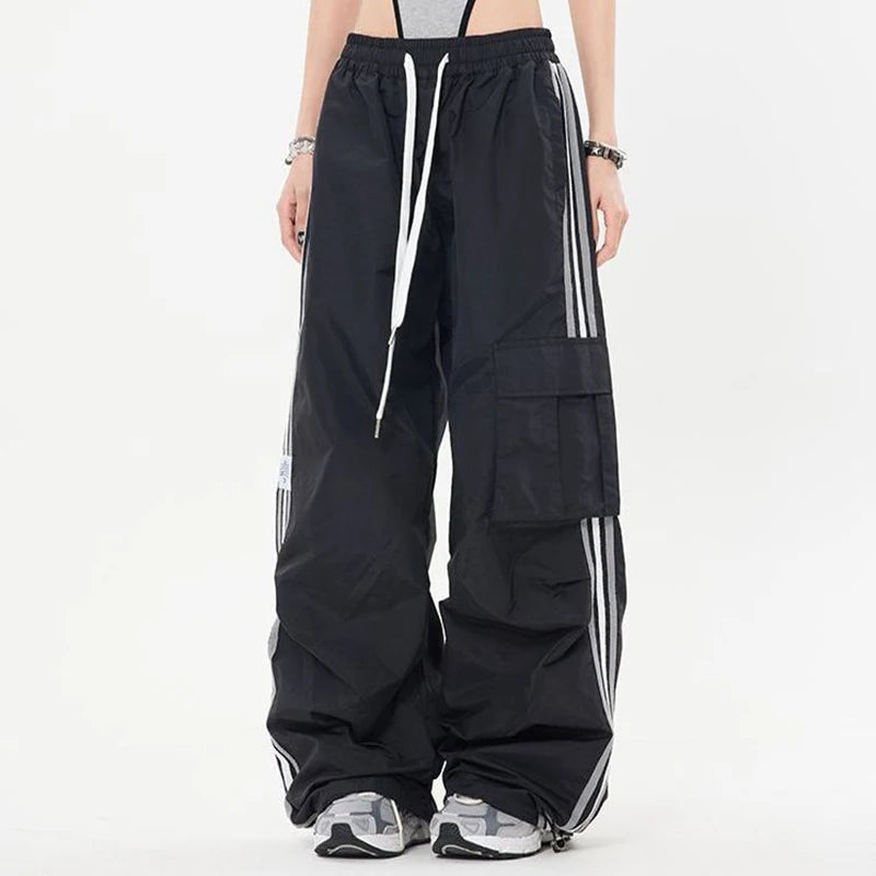 Y2K Kpop Cargo Pant Mulheres Cordão Bolsos Perna Larga Chic Punk Calças Largas Listradas Esportes Calças de Moletom Parachute Jogger Calças