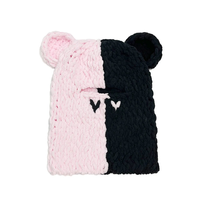 Cute Cat Ear Knitted Hat Beanie with Pom Pom Ball Winter Warm Full Face Ski Facewear Caps Windproof Hat for Girls and Women