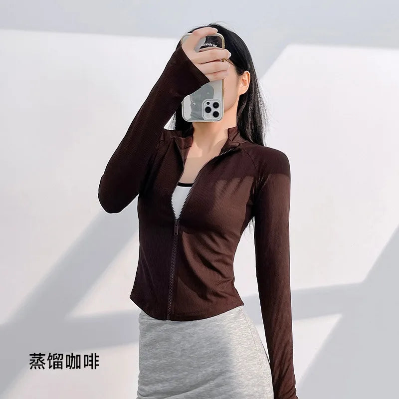 Activewear Running Coat Coffee Clothes Long Sleeve Sports Peach Yoga Jacket Womens Zip Fitness Yoga Shirt Gym High Elastic Tops