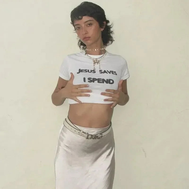 Jesus salva eu ​​gasto anos 2000 grunge bebê camiseta harajuku y2k roupas góticas moda universitária camiseta feminina bebê camiseta popular cropped top