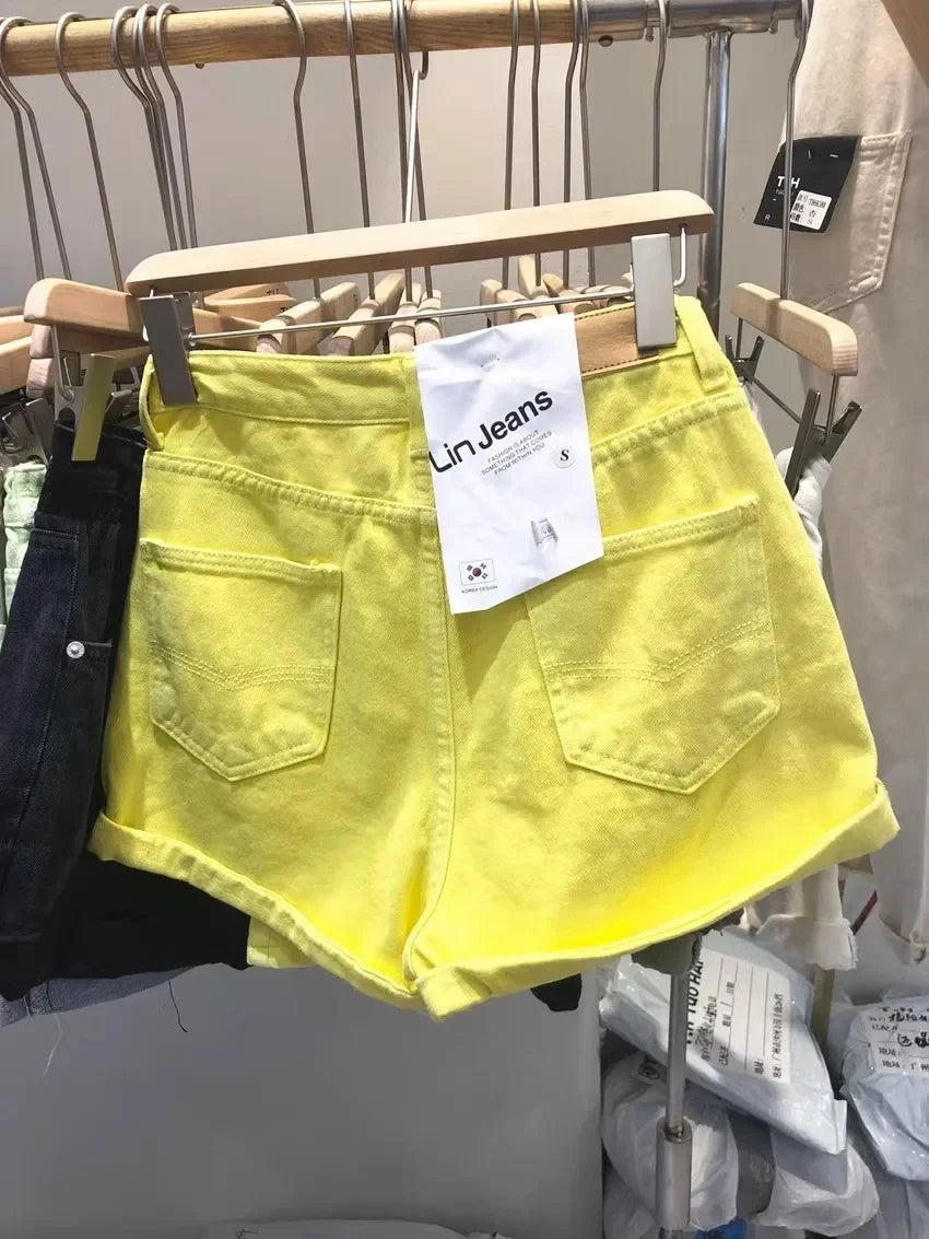 2024 Summer New Style Women's High-Waisted Wide-Leg Slimming Hot Pants Trendy Lemon Yellow Citrine Cotton Shorts