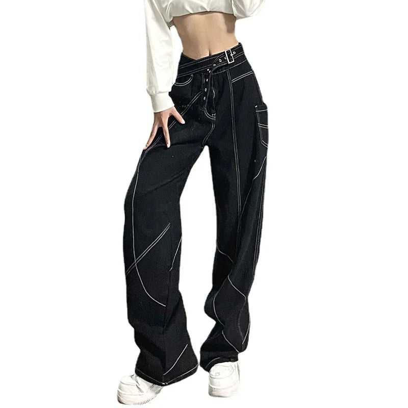 2025Women's New Style Personality Design Sense Topstitched Straight Pants Loose Wide-leg Floor-length Pants Low