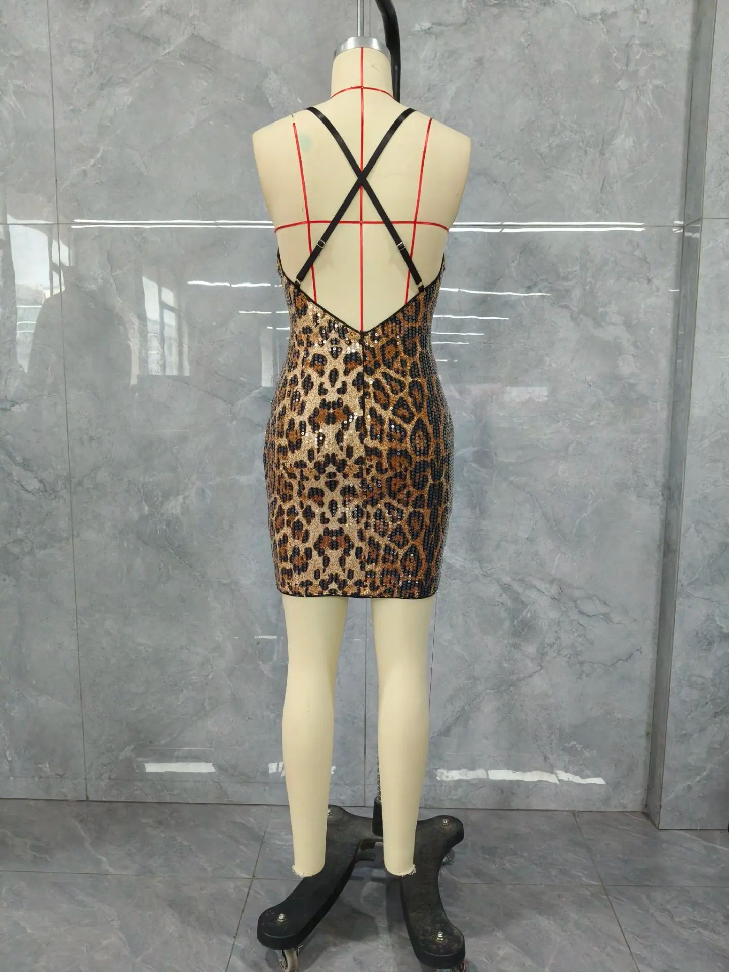 Leopard Pattern V-Neck Crisscross Backless Sequin Dress