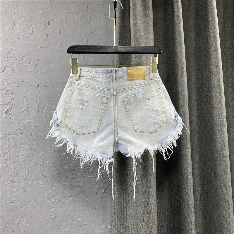 2025 New Summer Women's Sexy Low-waisted Jeans Denim Shorts Hole A Wide-leg Pants Ripped Jeans 4 colors