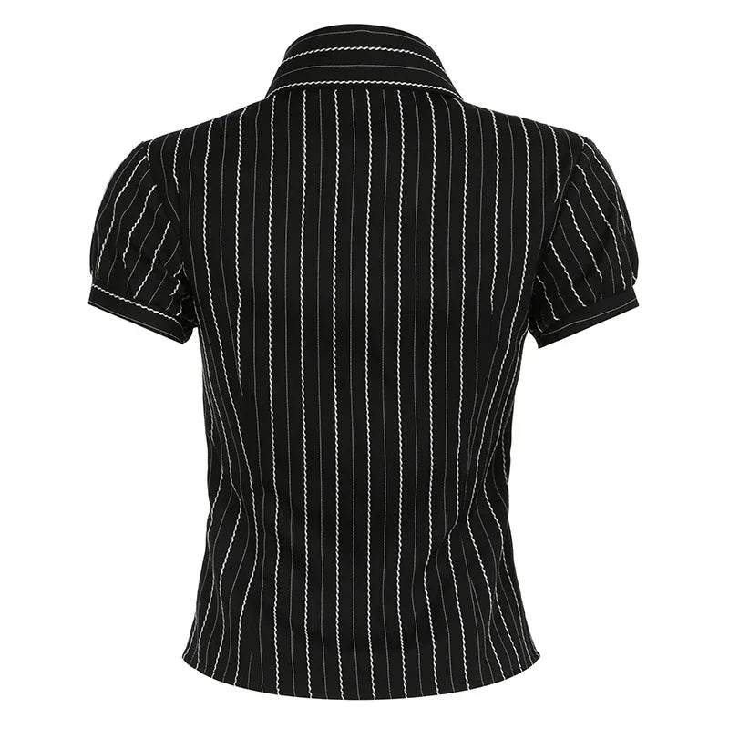 Blusa listrada Y2K feminina verão estilo francês botão-up turn-down colarinho camisa vintage streetwear chique elegante tops