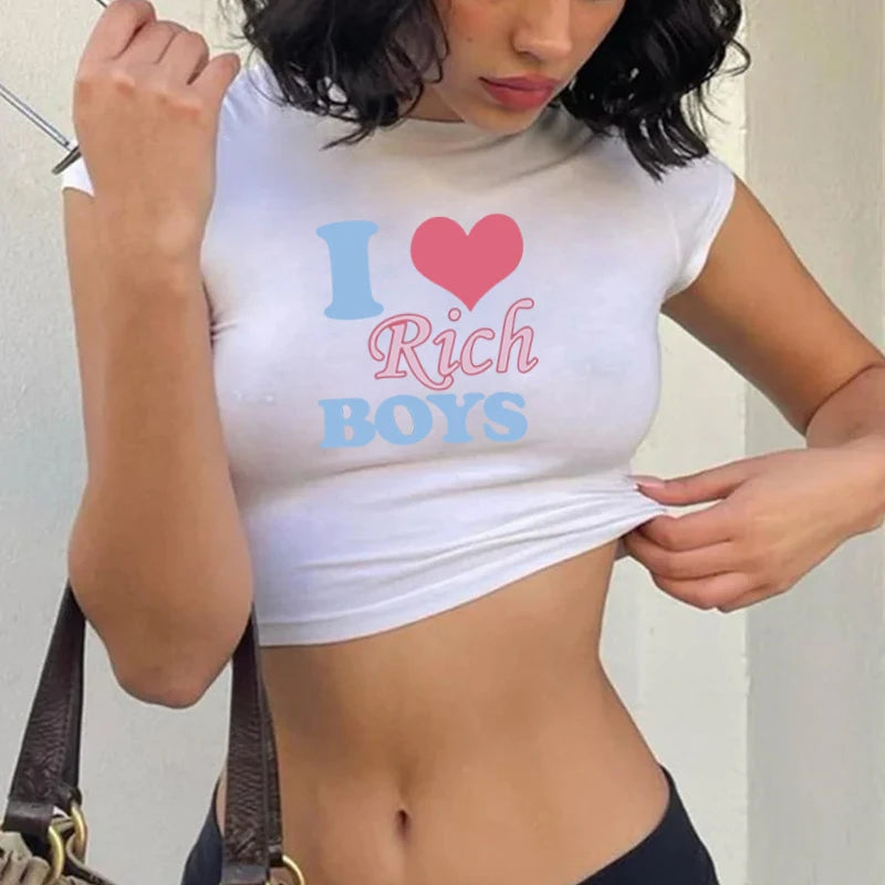 I Love Rich Boys  Women Summer Tee Grunge Crop Tops Sexy Baby Tee Printed White T-Shirt Female Crop Top Hot Girl O-Neck Short