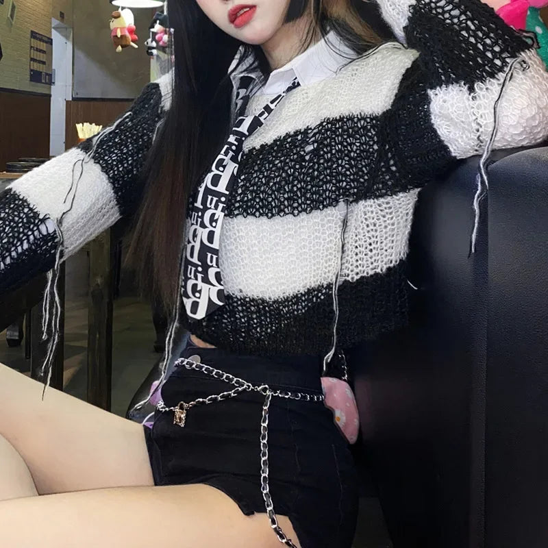 Xingqing Gothic Sweater for Women Punk Style Striped Long Sleeve Top Hollow Out Knitted Clothes y2k 2000s Pullover Streetwear