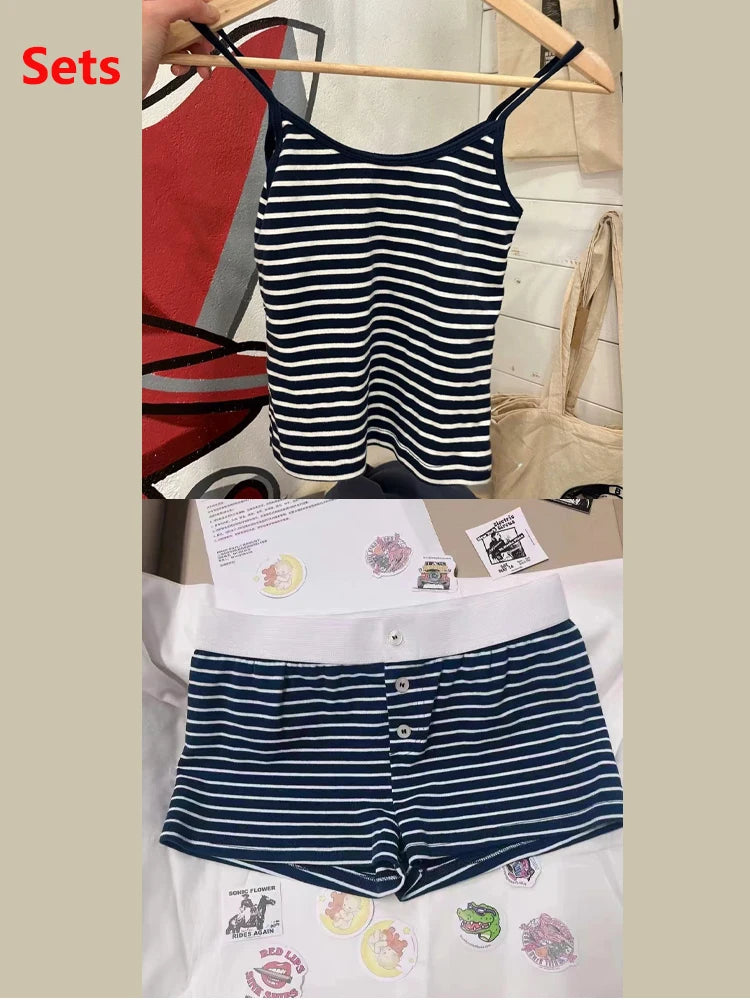 Pink Striped Cotton Vest Shorts 2 Pieces Set Women Bow Slim Tank Tops With Elastic High Waist Straight Short Pants Sweet Sets