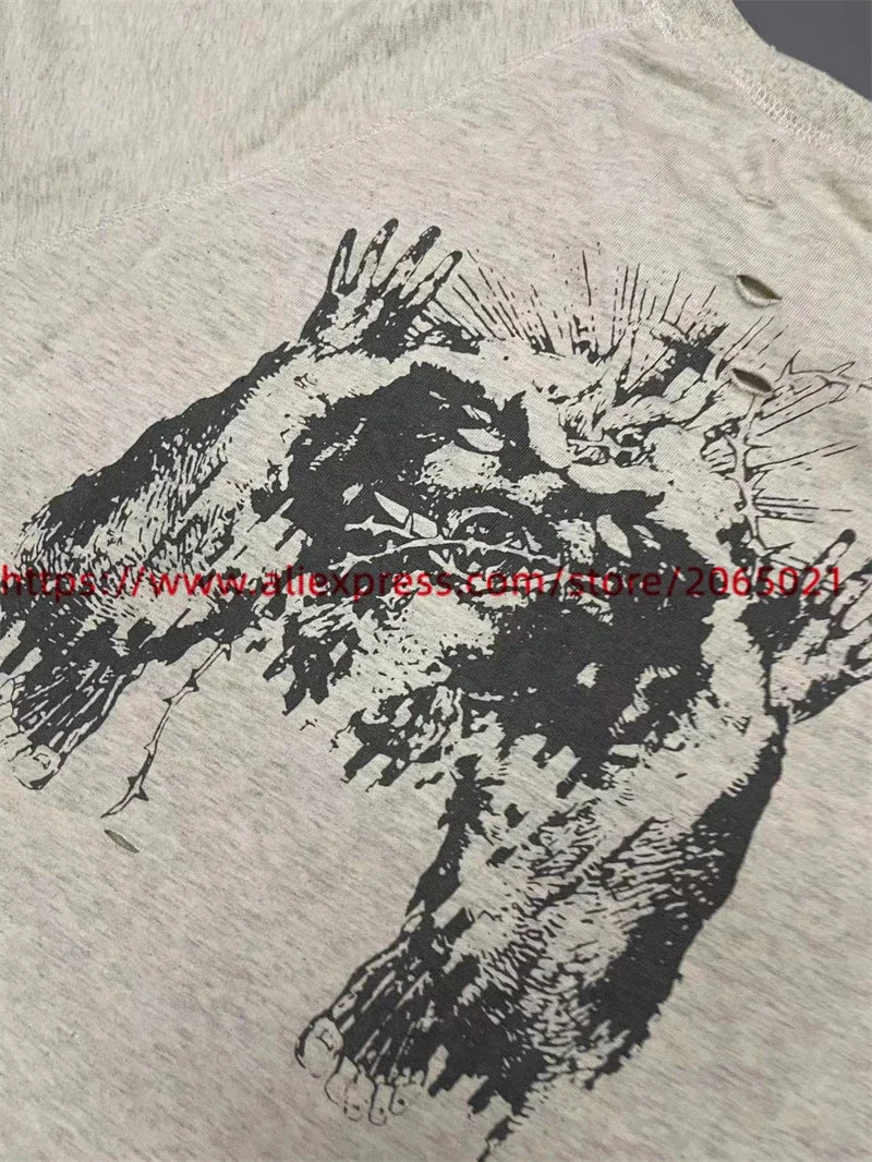 Jesus Graffiti print Saint T Shirt Men Women Retro Gray Washed T-Shirt Tee Tops