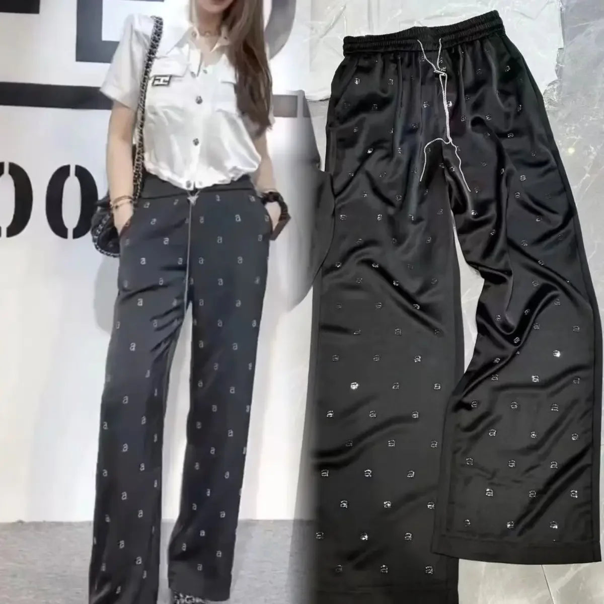 2024 Acetic Acid Hot Diamond A Letter High Waist Casual Pants Elastic Waist Covering Meat Wide Leg Pants