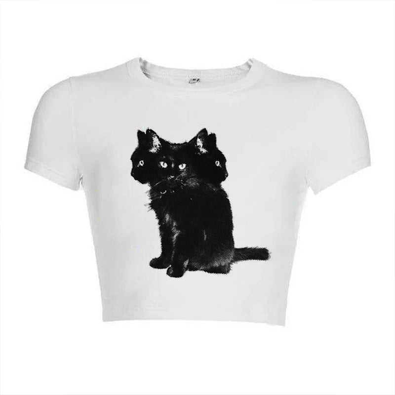 Vintage Cat Print Women Casual Baby Tee Streetwear Aesthetic Short Sleeve T-Shirt Y2k Clothes Gothic Emo Girl Croped Tops