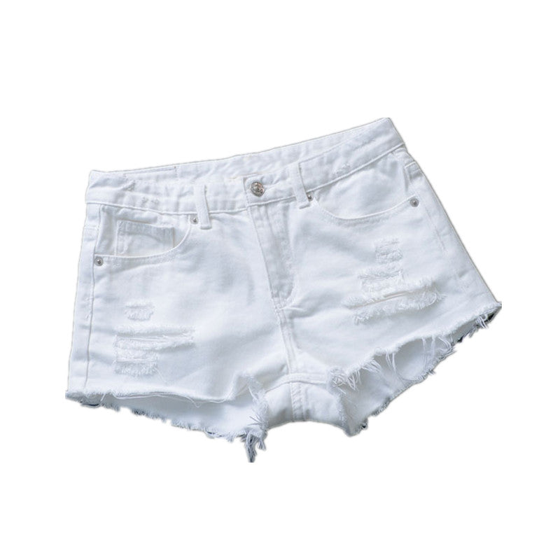 European K-style Tassel Mid-Waist White Hole Denim Shorts