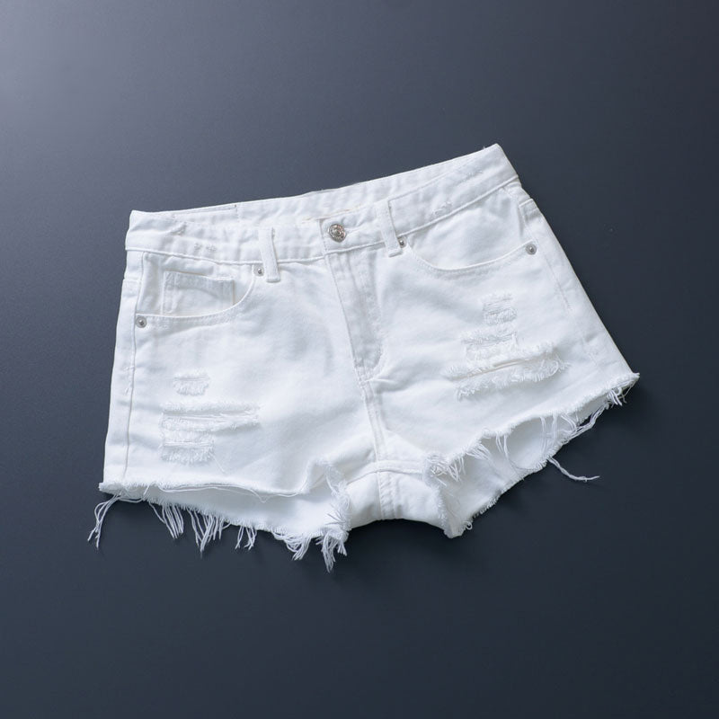 European K-style Tassel Mid-Waist White Hole Denim Shorts