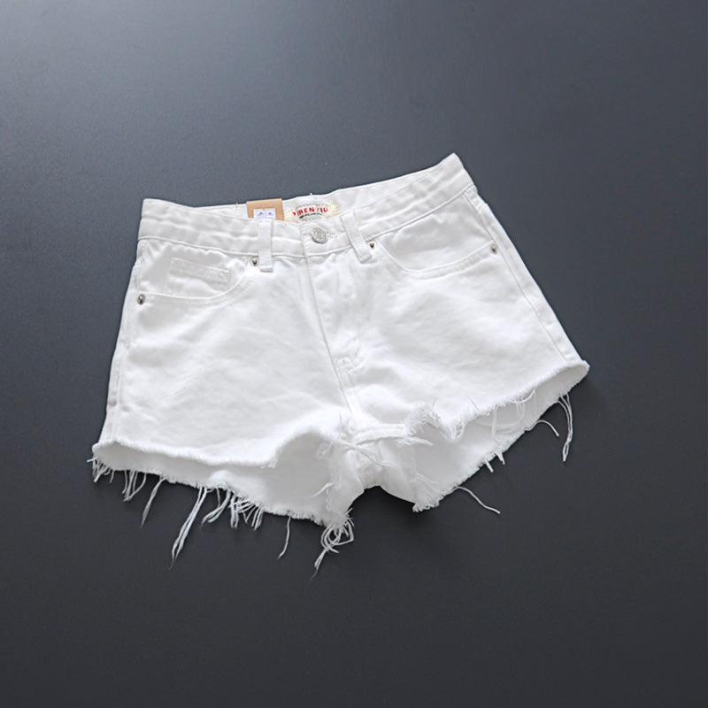 European K-style Tassel Mid-Waist White Hole Denim Shorts