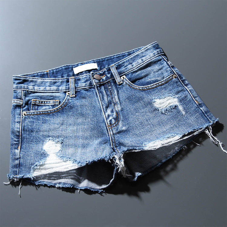 European K-style Tassel Mid-Waist White Hole Denim Shorts