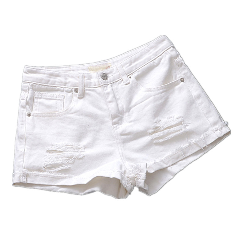 European Style Korean Style Mid Waist White Frayed Hemming Denim Shorts