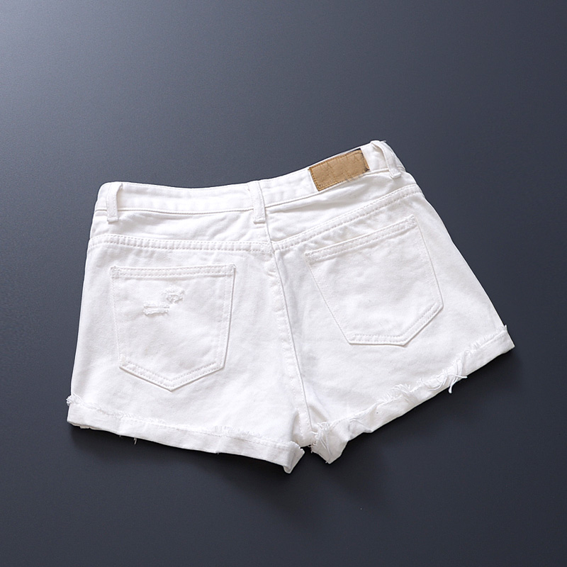 European Style Korean Style Mid Waist White Frayed Hemming Denim Shorts