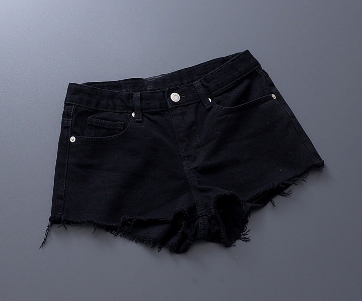 European K-style Tassel Mid-Waist White Hole Denim Shorts