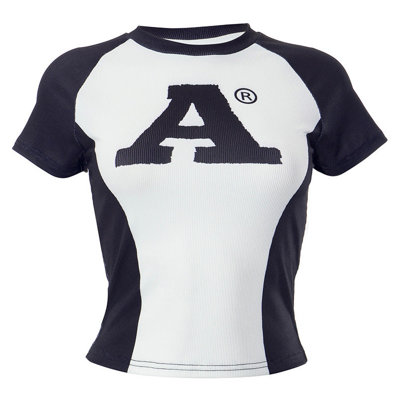 Sexy Hot Girl Letter Print Black And White Contrast Color Raglan Sleeve Top